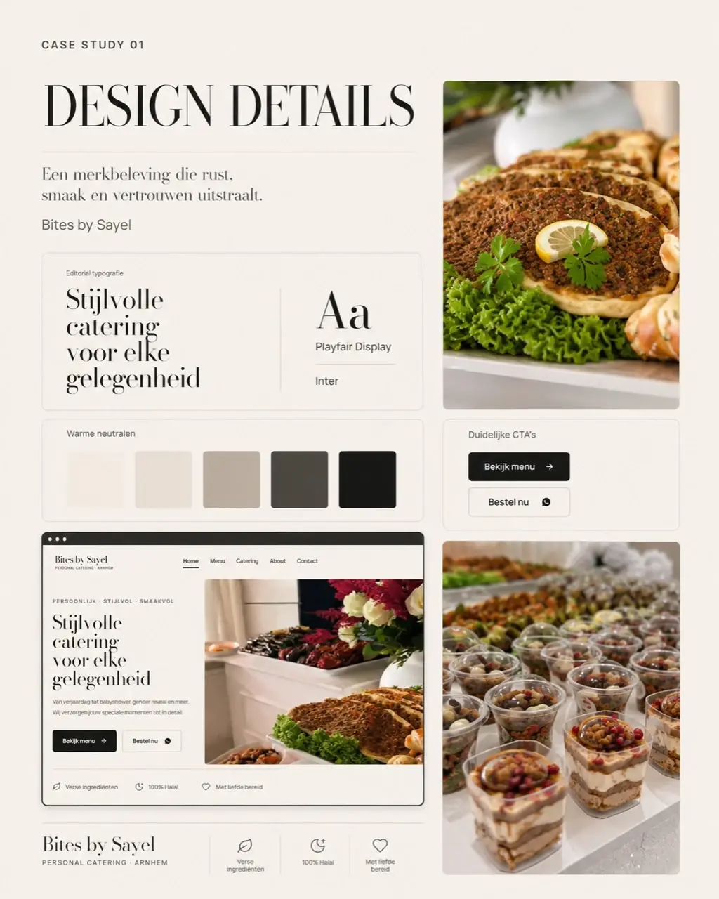 Designbord met de typografie, warme neutrale kleuren en interface van Bites by Sayel