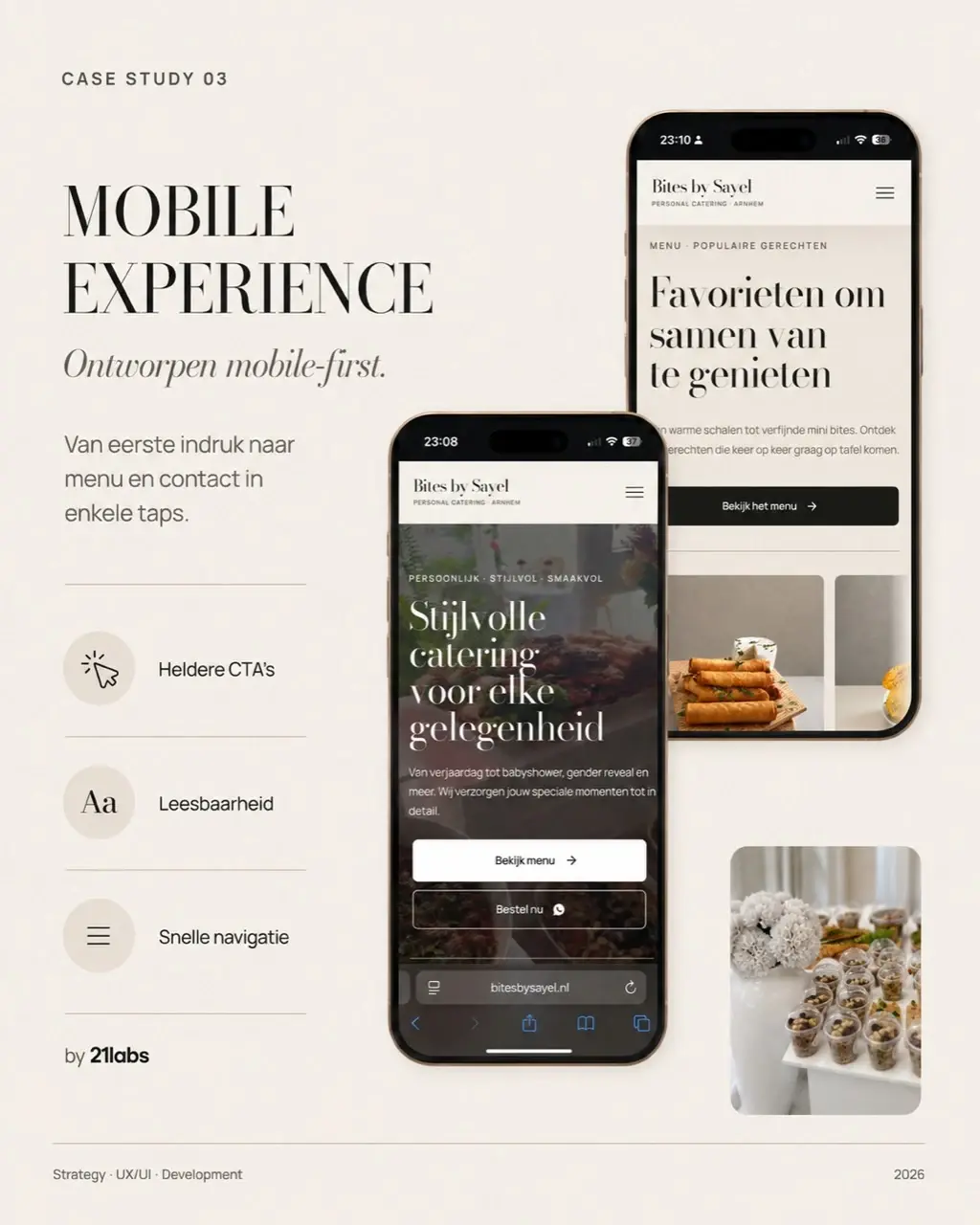 Mobiele schermen van Bites by Sayel met de homepage en het menu