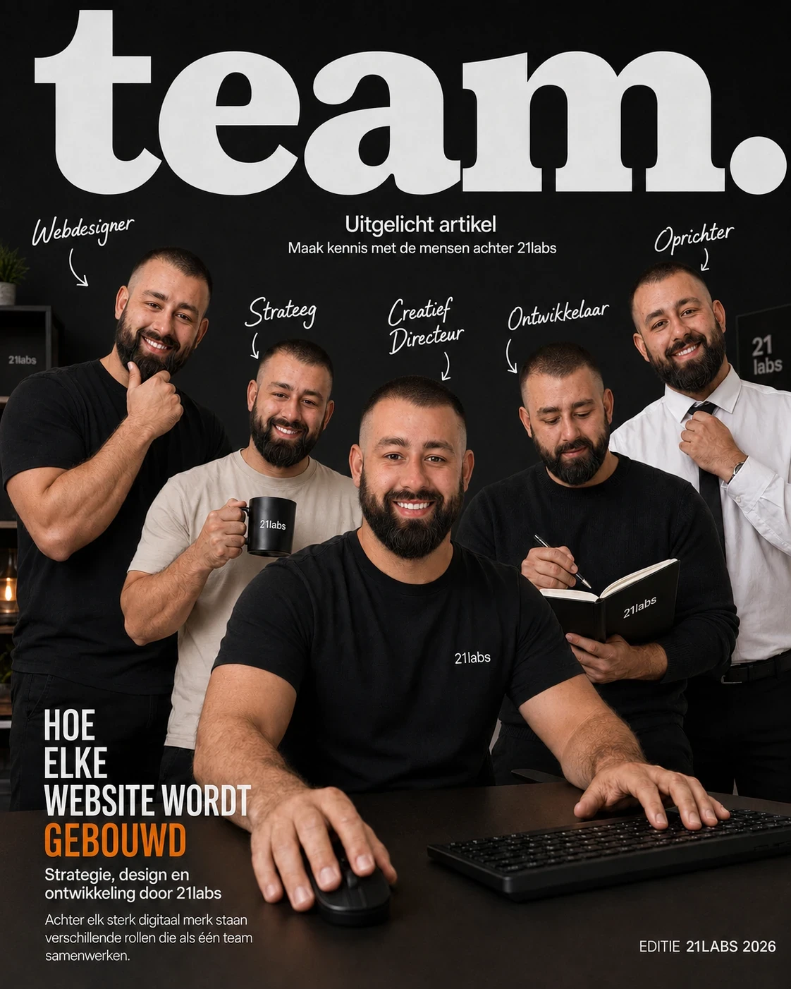 De specialist achter 21labs verbeeld in zijn rollen als webdesigner, strateeg, creatief directeur, ontwikkelaar en oprichter