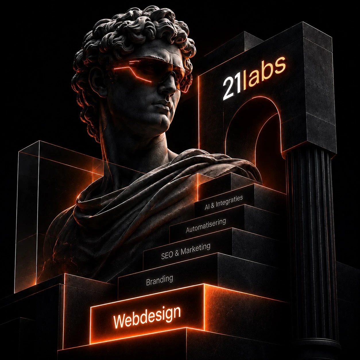 Donkere sculpturale 21labs-visual met webdesign, branding, SEO, automatisering en AI als verbonden digitale disciplines