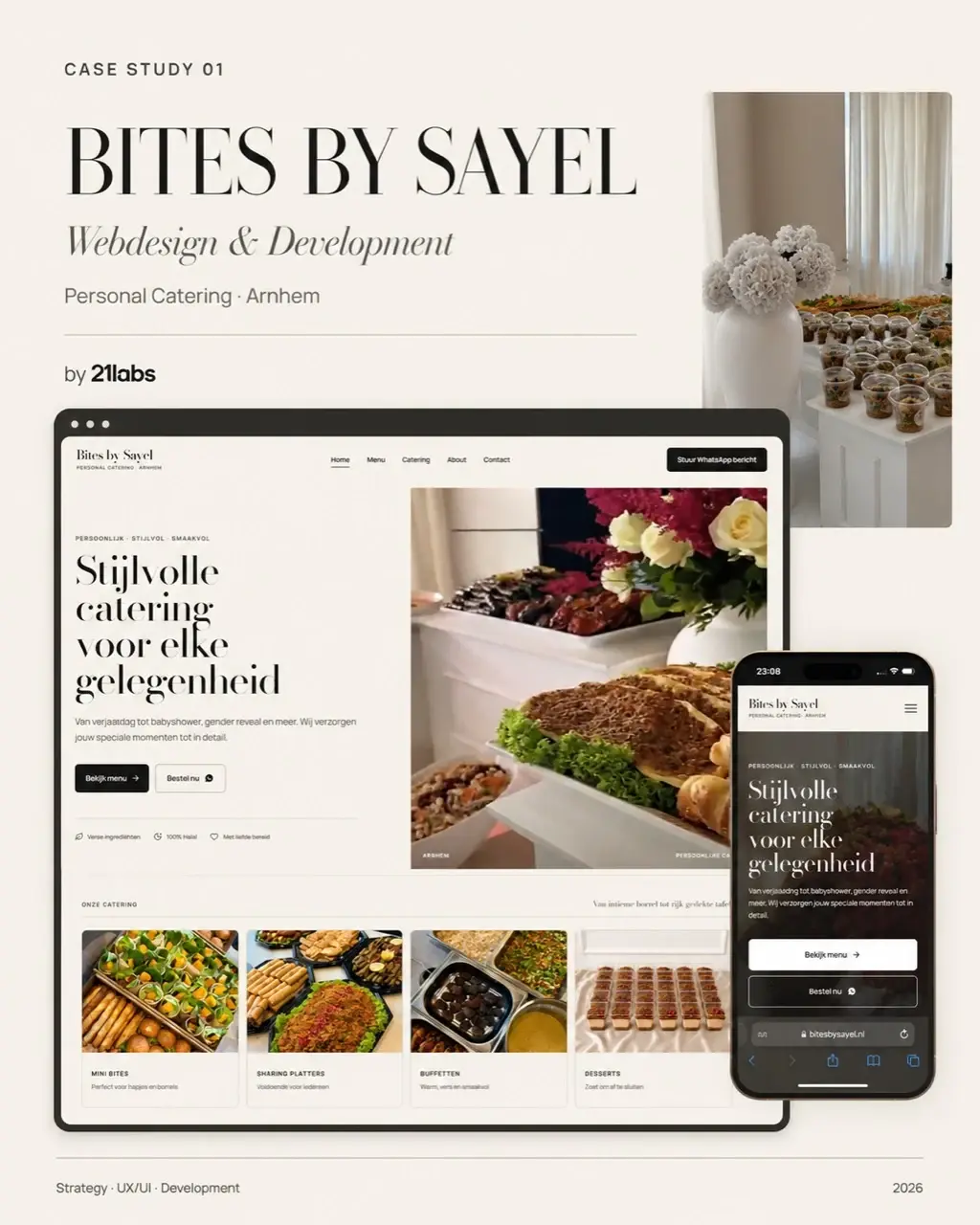 Bites by Sayel: de website op desktop en mobiel, met cateringfotografie